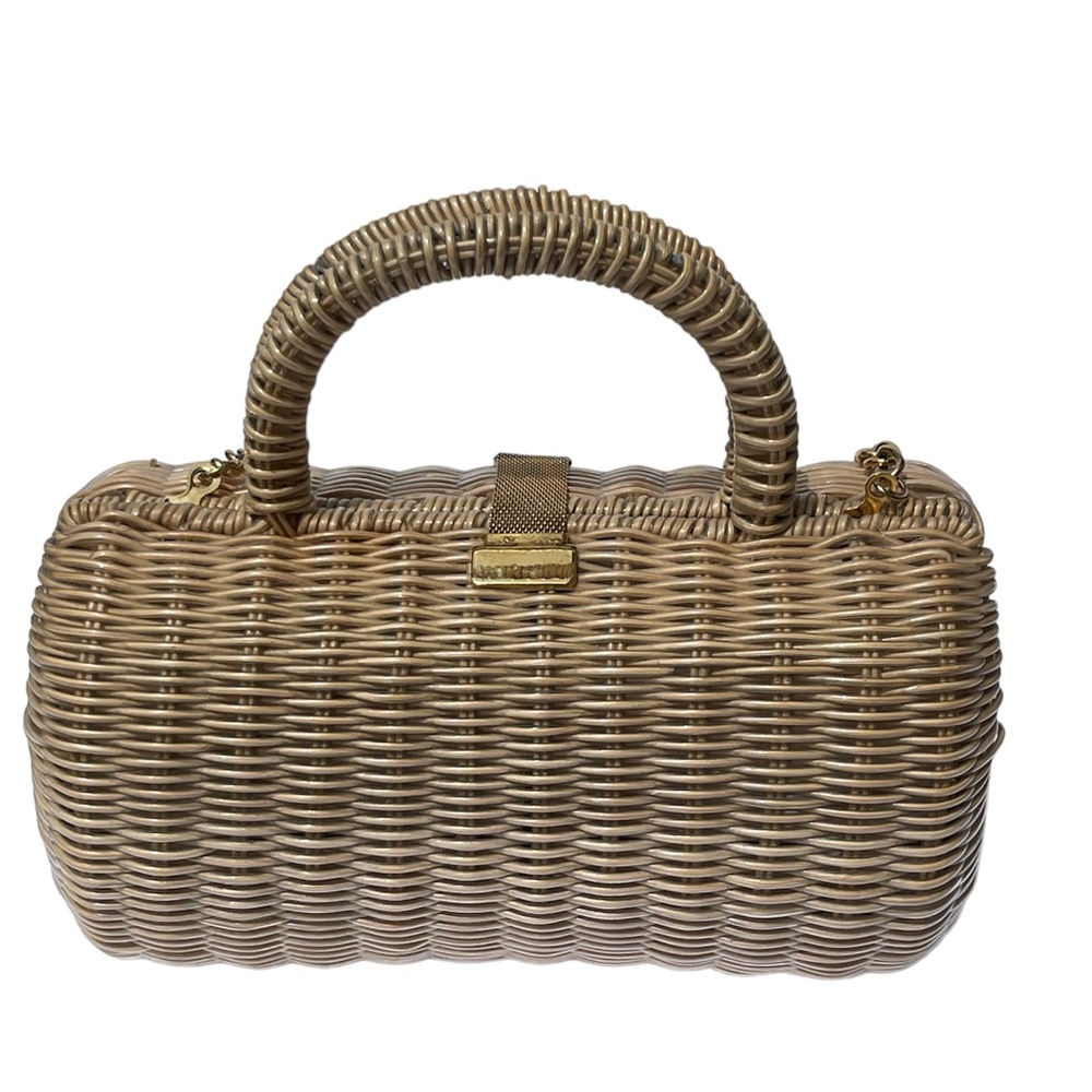 Woven Straw Barrel Handbag with Gold Chain - Picture 3 of 7